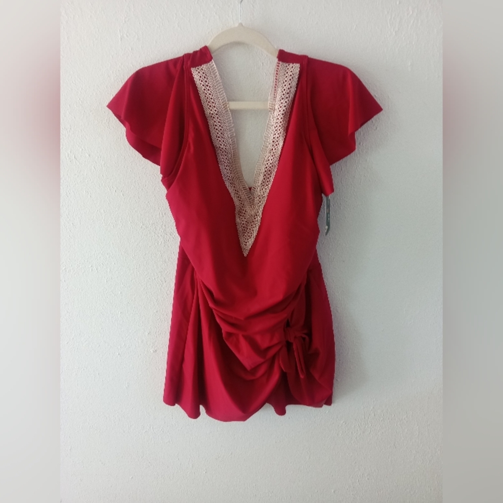 🆕 BLOOMING JELLY Scarlet Red Tummy Control Swim Dress | XXL NWT - Picture 2 of 8